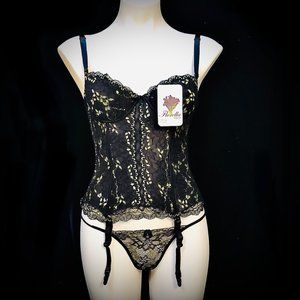 Florella Black Lace Corset Bustier with Matching Thong Set - New with Tags
